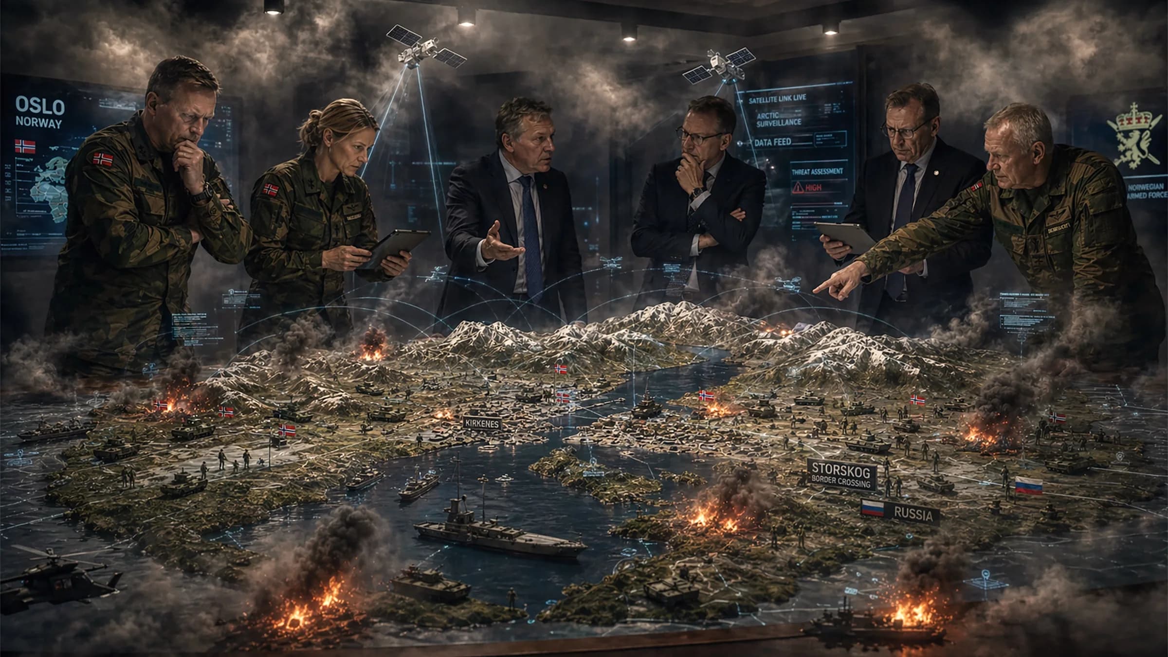 Strategic briefing around a terrain model of the border area between Norway and Russia at Storskog, with military and civilian advisors